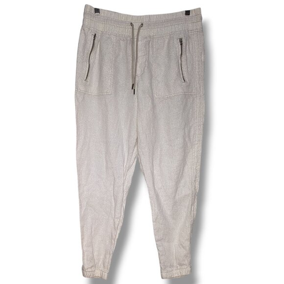 Athleta Cabo 100% Linen Pull On Jogger Pants Womens 12 Cream Pattern Drawstring - Picture 1 of 6